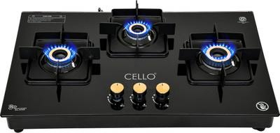 CELLO Black Pearl Glass Hob Top Cooktop Automatic Ignition, 1 Year Warranty Glass Automatic Hob(3 Burners)