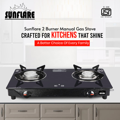 Sunflare Cute 2B Toughened Glass Tornado Burner(Bk) Glass Manual Gas Stove(2 Burners) Glass Manual Gas Stove(2 Burners)