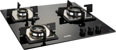 Glen Gas Stoves 3 Burner Built in Glass Hob with Double Ring Forged Brass Burner Glass Automatic Hob(3 Burners)