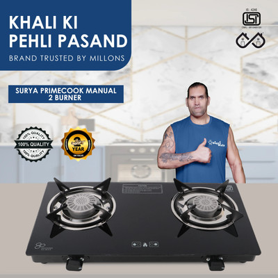 Sigri-wala Sleek Plain 2B Toughened Glass Tornado Burner(Bk)Glass Stove Glass Manual Gas Stove(2 Burners)