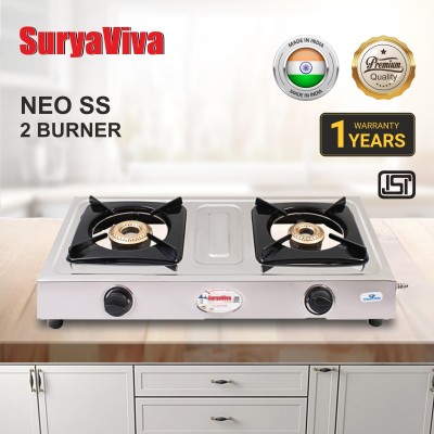 SURYAVIVA Neo 2B Stainless steel stove 2 Cast Iron burner(Silver) Stainless Steel Manual Gas Stove(2 Burners)