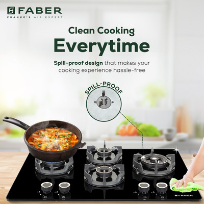 FABER HT754 AI FFD | Flame Failure Device| Auto Electric|Brass Burners Glass Automatic Hob(4 Burners)