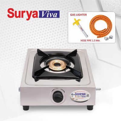 SURYAVIVA 1B SS (Lighter+Hose pipe) steel gas stove(silver) Stainless Steel Manual Gas Stove(1 Burners)