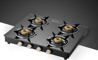 Kaff E-Line Black Cooktop With Brass Four Burners Toughened Glass Manual Hob(4 Burners)