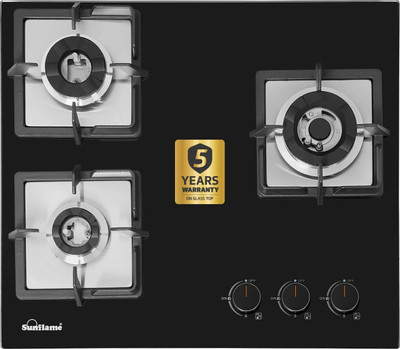Sunflame 3 Burner Auto-Ignition Flexi Hob with FFD, 60 cm Wide, Brass Burners Glass Automatic Hob(3 Burners)