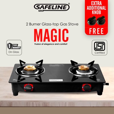 SAFELINE PLUS Magic 6mm Glasstop Compact (1 year warranty) Glass, Stainless Steel Manual Gas Stove(2 Burners)