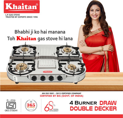 Khaitan 4 Burner Draw Double Decker (with extra big party cooking ) Stainless Steel Manual Gas Stove(4 Burners)