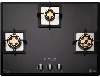 BLOWHOT Pluton 3 Heavy Brass Burner, Battery Operated Built – In, Toughened Glass Top Aluminium Automatic Hob(3 Burners)