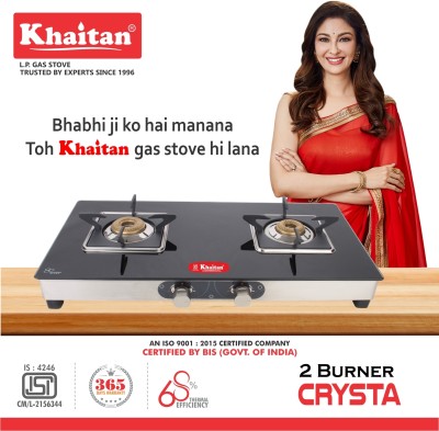 Khaitan 2 Burner Crysta SS Black Toughened Glass Manual Gas Stove(2 Burners)