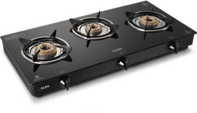 Glen Crystal 3 Burner LPG Gas Stoves | Toughened Glass Top | Brass Burners| Glass Manual Gas Stove(3 Burners)
