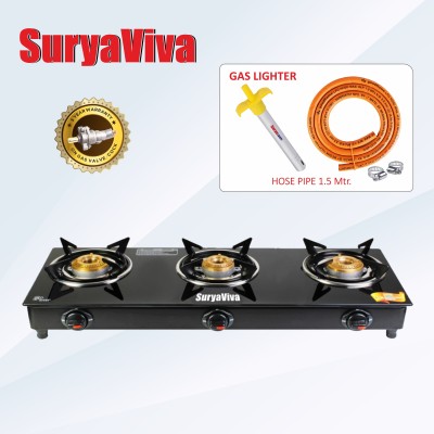 SURYAVIVA Photon 3Burner(Hose pipe + Lighter) Manual glass Glass Manual Gas Stove(3 Burners)