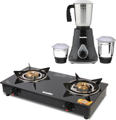 SURYAVIVA Photon 2B Combo Victo Mixer Grinder 3 jar 750 Watt Glass Manual Gas Stove(2 Burners)