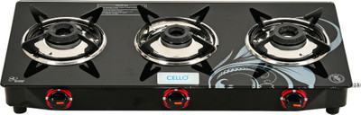 CELLO Crown 3 Burner Black Manual Ignition LPG Glass Top Gas Stove, ISI Certified Glass Manual Gas Stove(3 Burners)