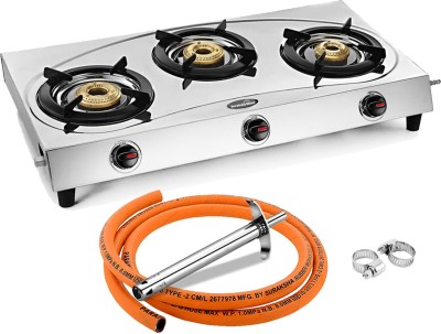 Suraksha Shine Triple-cook with Hose Pipe & Lighter Stainless Steel Manual Gas Stove(3 Burners)