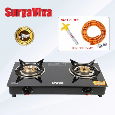 SURYAVIVA Photon 2B (Lighter+hose pipe) BK Toughened 2 Cast Iron (Igniton,Black) Glass Manual Gas Stove(2 Burners)