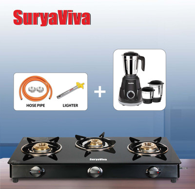 SURYAVIVA Nano Plus 3B Gas Stove + Victo 750W Mixer Grinder + Hose pipe & Lighter Combo Glass Manual Gas Stove(3 Burners) SURYAVIVA Nano Plus 3B Gas Stove + Victo 750W Mixer Grinder + Hose pipe & Lighter Combo Glass Manual Gas Stove(3 Burners)