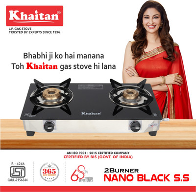 Khaitan 2 Burner Nano Stainless Steel frame Glass Manual Gas Stove(2 Burners)