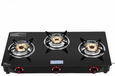 cello Regal 3 Burner Black Gas Cooktop,Toughened Glass, ISI Certified, 1 Year Warranty Glass Manual Gas Stove(3 Burners)