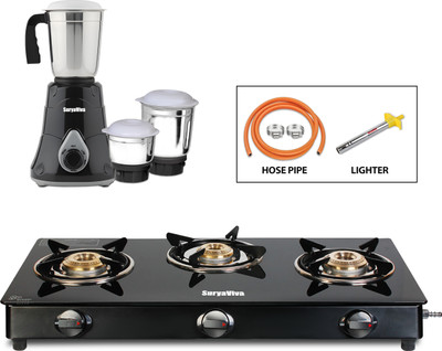 SURYAVIVA Nano Plus 3B Gas Stove + Victo 750W Mixer Grinder + Hose pipe & Lighter Combo Glass Manual Gas Stove(3 Burners)