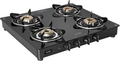 Glen LPG Gas Stoves 4 Burner | Brass Burners ISI Certified | 2 Years Warranty Black Glass Automatic Gas Stove(4 Burners)