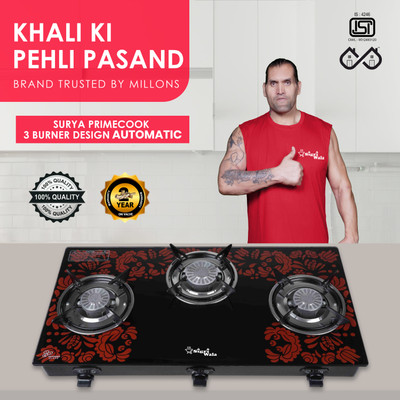 Sigri-wala Surya Primecook Automatic TRIO RED Glass Automatic Gas Stove(3 Burners)