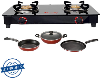Butterfly BUTTERFLY RAPID 2B GLASS TOP STOVE + 3 PCS NON STICK NON-INDUCTION COOKWARE SET Glass Manual Gas Stove(2 Burners) Butterfly BUTTERFLY RAPID 2B GLASS TOP STOVE + 3 PCS NON STICK NON-INDUCTION COOKWARE SET Glass Manual Gas Stove(2 Burners)