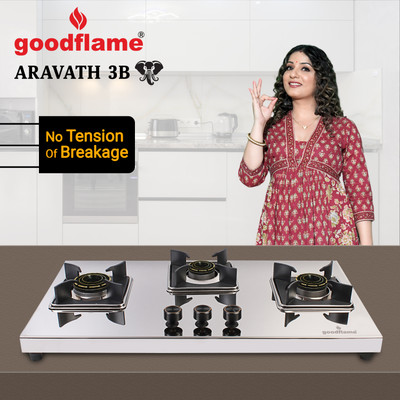 goodflame Aravath 3B Stainless steel stove 3 Dual Tone Imported(Silver,stainless steel) Stainless Steel Manual Hob(3 Burners)