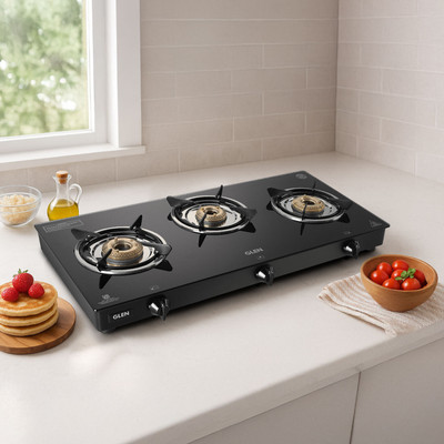 Glen LPG Rapid GT BLK ISI Glass Manual Gas Stove(3 Burners)