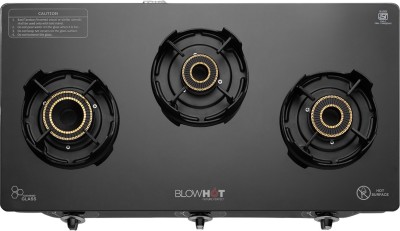 Blowhot Emerald Heavy Tornado Brass Toughened Glass Top, 2 Year Warranty Glass, Iron Automatic Gas Stove(3 Burners)