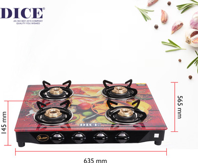 Dice B4 Brown Chips premium Digital Glass Manual Gas Stove(4 Burners)