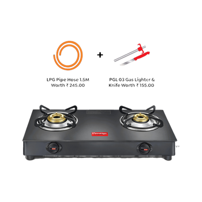 Prestige Atlas Plus Toughened Glass top with Lighter Knife and Hose Pipe Glass Manual Gas Stove(2 Burners)