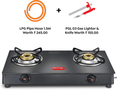Prestige Atlas Plus Toughened Glass top with Lighter Knife and Hose Pipe Glass Manual Gas Stove(2 Burners)