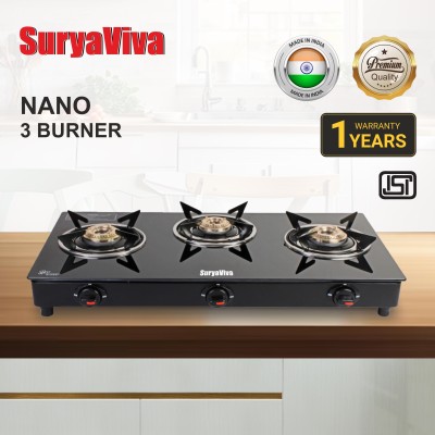 SURYAVIVA Nano premium 3B Toughened 3 Cast Iron Glass Manual Gas Stove(3 Burners)