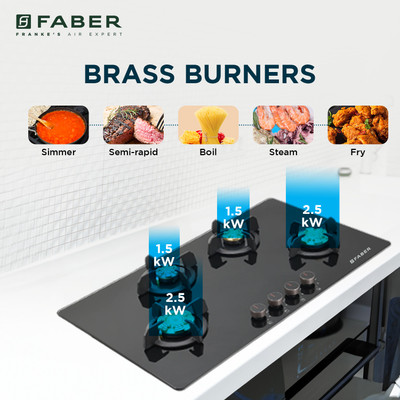 FABER Prime 4 Burner 90cm Hob |Auto-Ignition| HOB PRIME HT904 CRS BR CI AI Glass Automatic Hob(4 Burners)