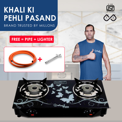 Sigri-wala Cute 2B Combo(Lighter+Hose Pipe) Toughened Glass Tornado Burner(Bk) Glass Stove Glass Manual Gas Stove(2 Burners)