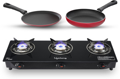 Lifelong Gas Stove Combo – 3 Burner Gas Cooktop + Flat Tawa + Fry Pan Top Glass Manual Gas Stove  (3 Burners) For Rs. 2049 @ 86 %