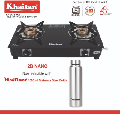 Khaitan 2 Burner Nano Black Premium Glass Stove + 1 Hindflame 1 L Stainless Steel Bottle Glass Manual Gas Stove(2 Burners)