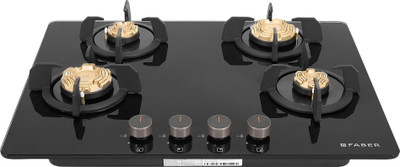 FABER Prime HT704 CRS BR CI AI |Brass Burners|Metal Knobs |cast iron pan support | Glass Automatic Hob(4 Burners)