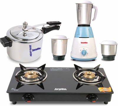 SURYAVIVA Photon 2B Combo Ronin mixer 3 jar+5ltr cooker Glass Manual Gas Stove(2 Burners)