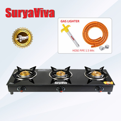 SURYAVIVA Photon 3Burner(Hose pipe + Lighter) Manual glass Glass Manual Gas Stove(3 Burners)