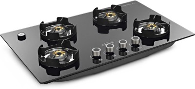 PADMINI Gas Hob CS 401 GL IB Black ISI Certified (2 Big, 2 Small Forged Brass Burner) Glass Automatic Hob(4 Burners)