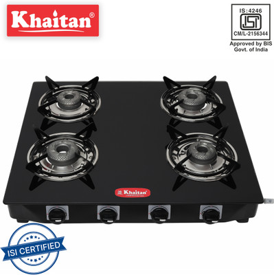 Khaitan 4 Burner Active With Forged Burners Black Toughened Glass Manual Gas Stove (4 Burners) For Rs. 2199 @ 73 %