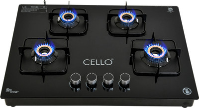 CELLO Crysta Automatic Ignition Hob Top 8 MM Black Glass Automatic Gas Stove(4 Burners)