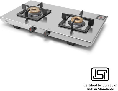 Glen Ultra Tuff Steel gas stove with Forged Brass Burner | 2 Year Warranty | Stainless Steel Manual Gas Stove(2 Burners)