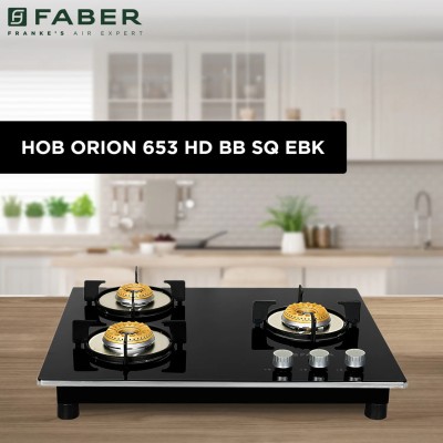 FABER Hob Orion 653 HD BB EBK|Brass Burners| Glass Edge Protector|Premium Metal Knobs| Glass Automatic Hob(3 Burners)