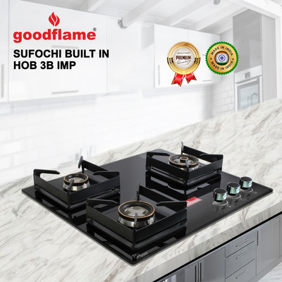 goodflame Sufochi Built in Hob 3 Burner Imp. Burner BW Glass Automatic Built in Hob Glass Automatic Hob(3 Burners)