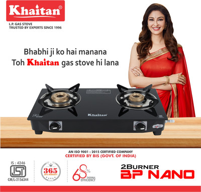 Khaitan 2 Burner BP Nano MS Black Glass Manual Gas Stove(2 Burners)