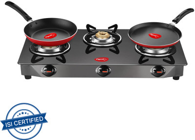 Pigeon Combo - Brunet Cooktop + Flat tawa 250 + Fry Pan 240 Glass Manual Gas Stove(3 Burners)