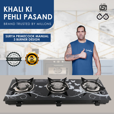 Sigri-wala Sleek 3B Toughened Glass Tornado Burner(Bk) Glass Manual Gas Stove(3 Burners) Glass Manual Gas Stove(3 Burners)