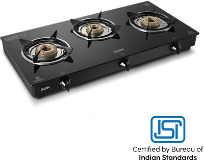 Glen LPG Rapid GT BLK ISI Gas stoves 3 Burner Glass Manual Gas Stove(3 Burners)